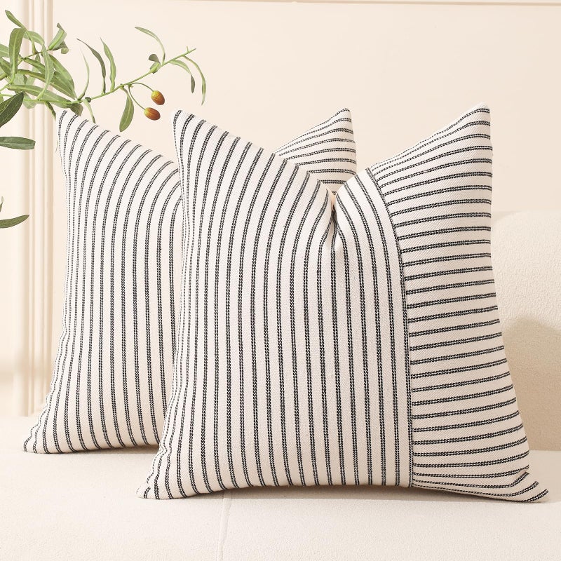 Hckot Black and Beige Patchwork Farmhouse Throw Pillow Covers 22 x 22 Inch  Pack of 2 Striped Linen Decorative Pillow Case for Sofa Couch Chair Bedroom Modern Decor (22"" x 22""  Black) - Image 1